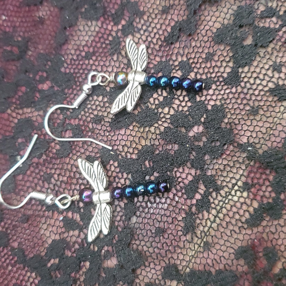 Earrings, Blue Beaded Dragonfly, Hook